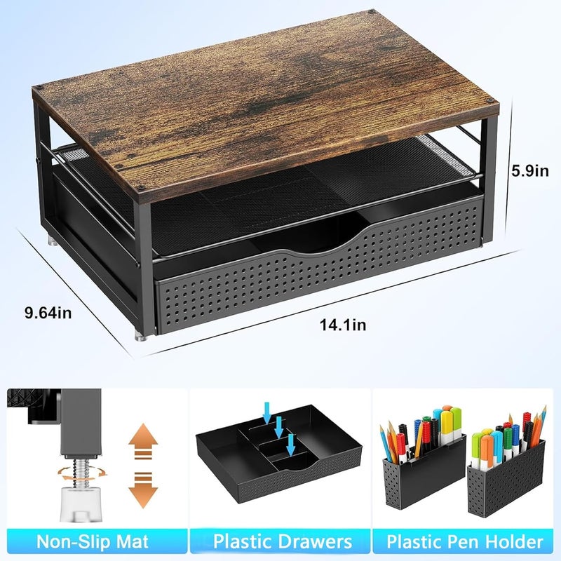 gianotter Wood Monitor Stand Riser, Office Desk Shelf Organizer, Desk Organizer with Drawer and Pen Holder, 2-Tier Computer Stand, Office Organization (Wood) - Image 4